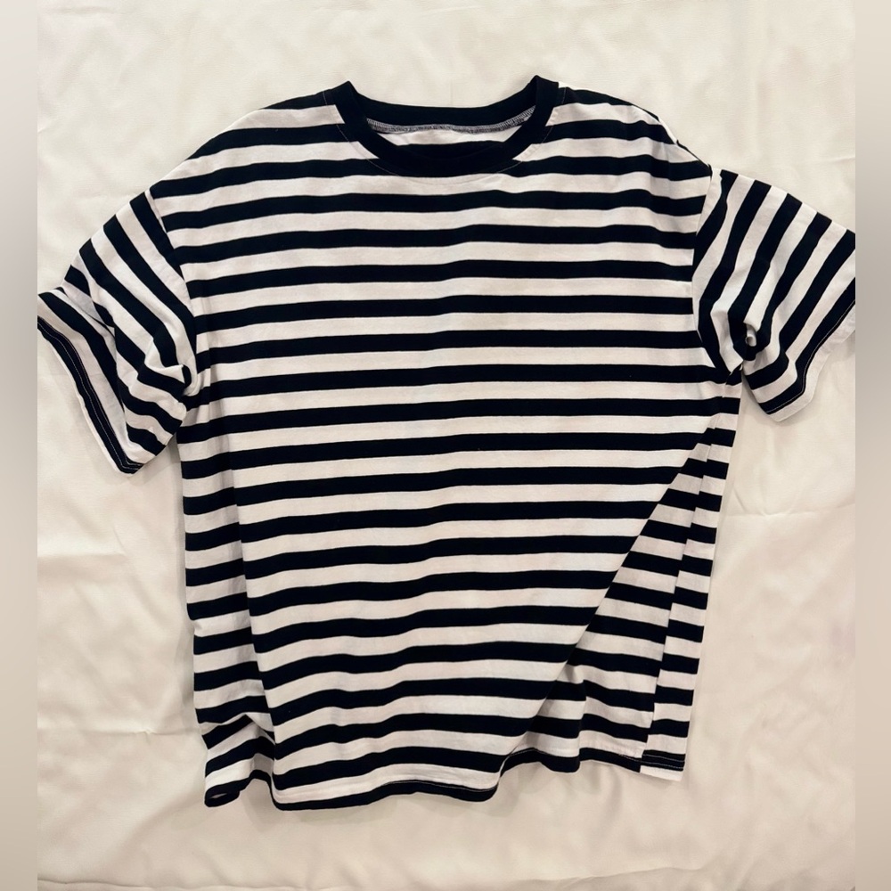 Oversized Striped Color Block Short Sleeve Women's Tee, Black & White, Size S